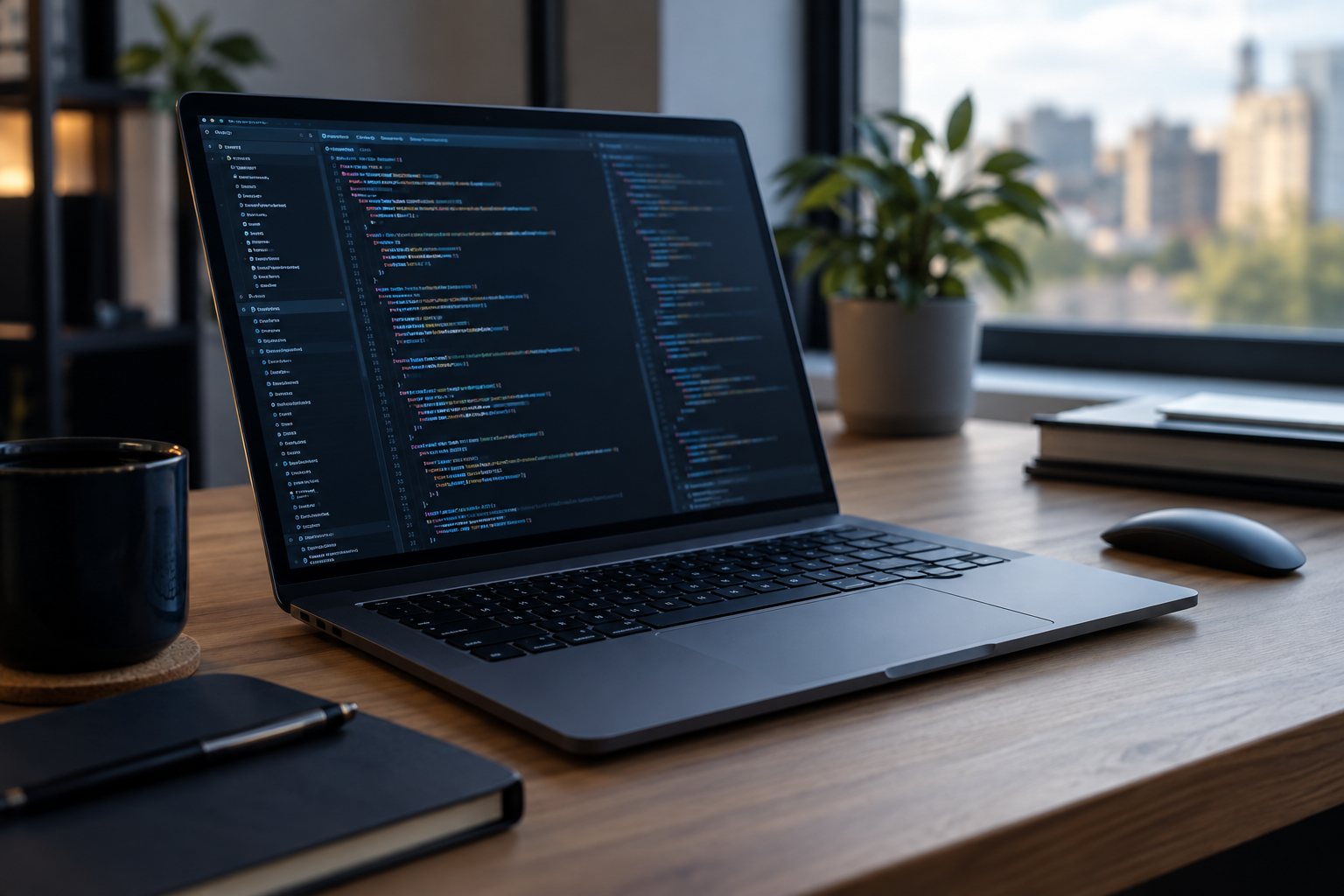 Laptop displaying code in a bright developer workspace